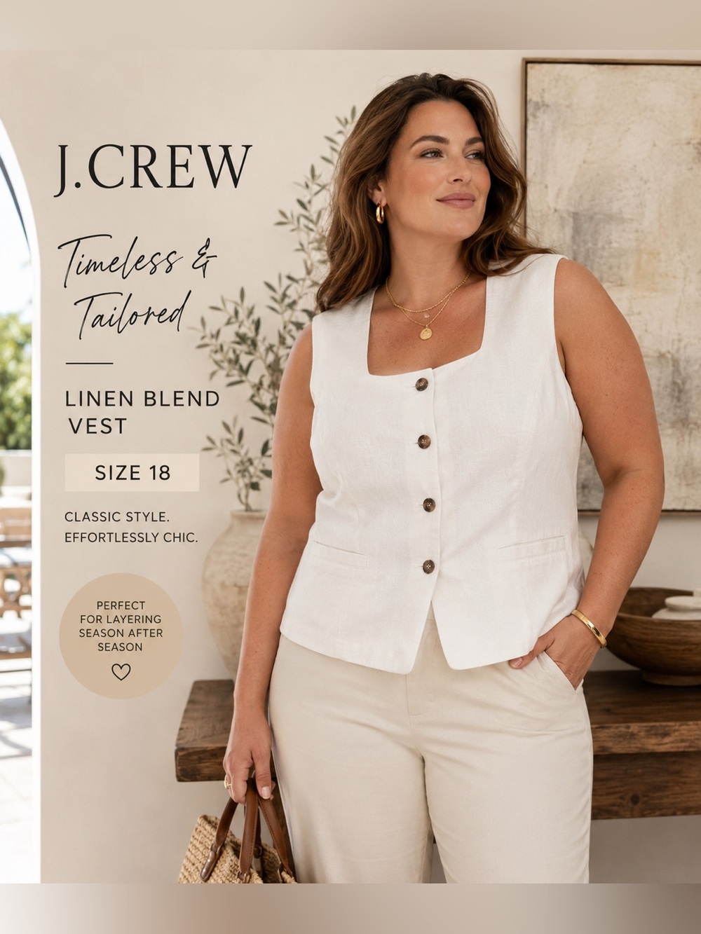 J.Crew White Linen Blend Button Front Vest Size 18 Sleeveless Tailored Preppy